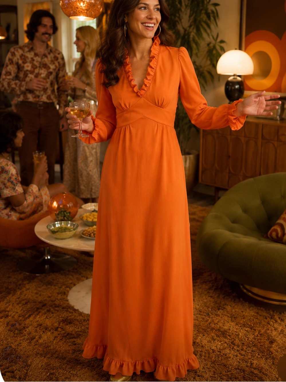 Vintage 1970s Small ? Pumpkin Orange Long Sleeve Hostess Maxi Dress MCM Hippie